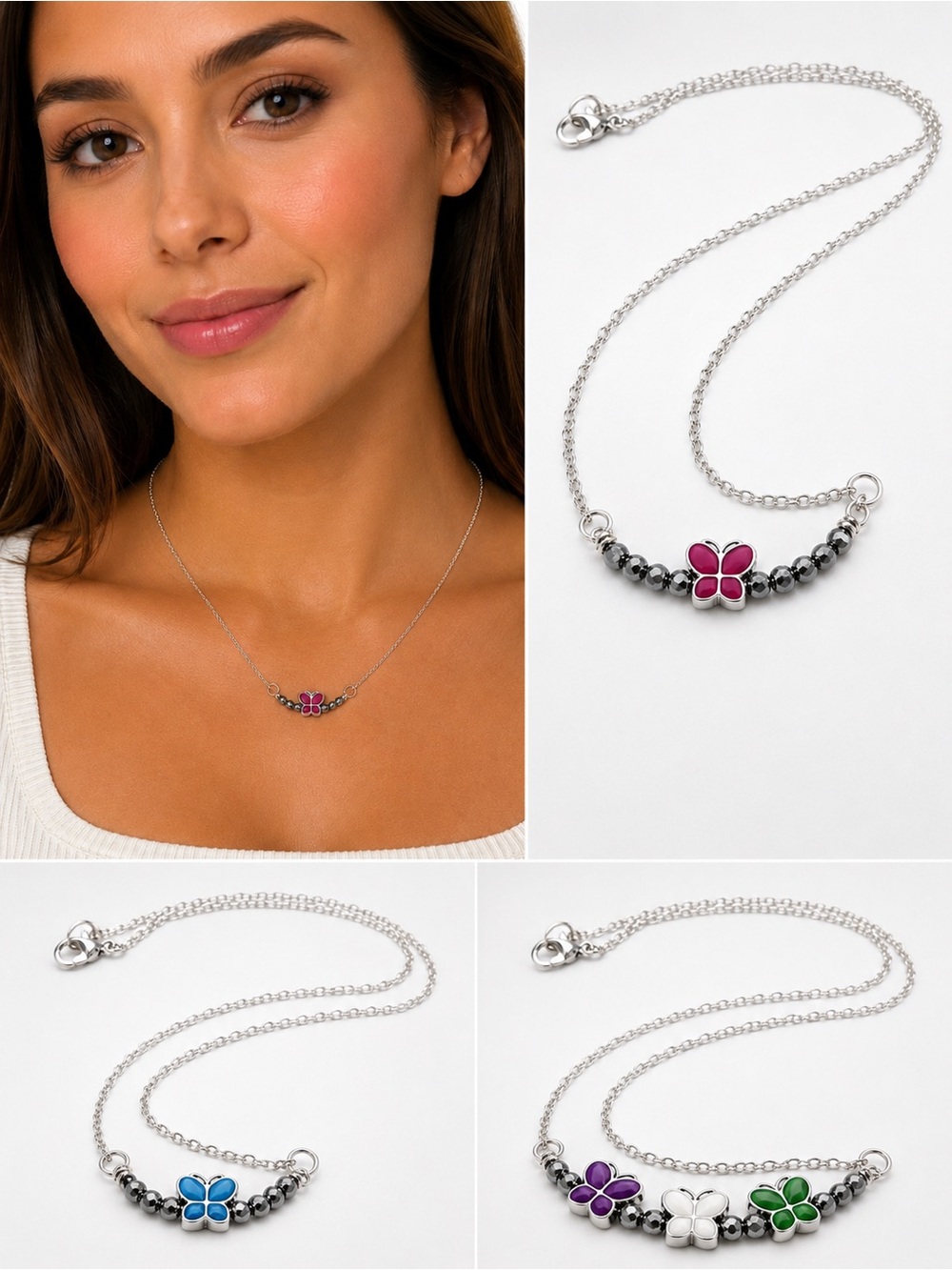 Silver Tone Butterfly Necklace 16” – Pink, Blue or Multicolor